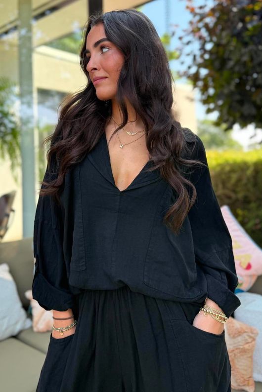 Sandbar Linen Blend Pop Over Shirt Black